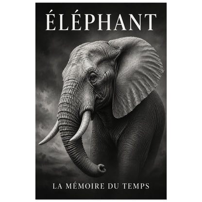 Affiche Éléphant noir et blanc, la mémoire du temps, peinture naturaliste en grisaille à typographie intégrée verticale, format 40 × 60 cm