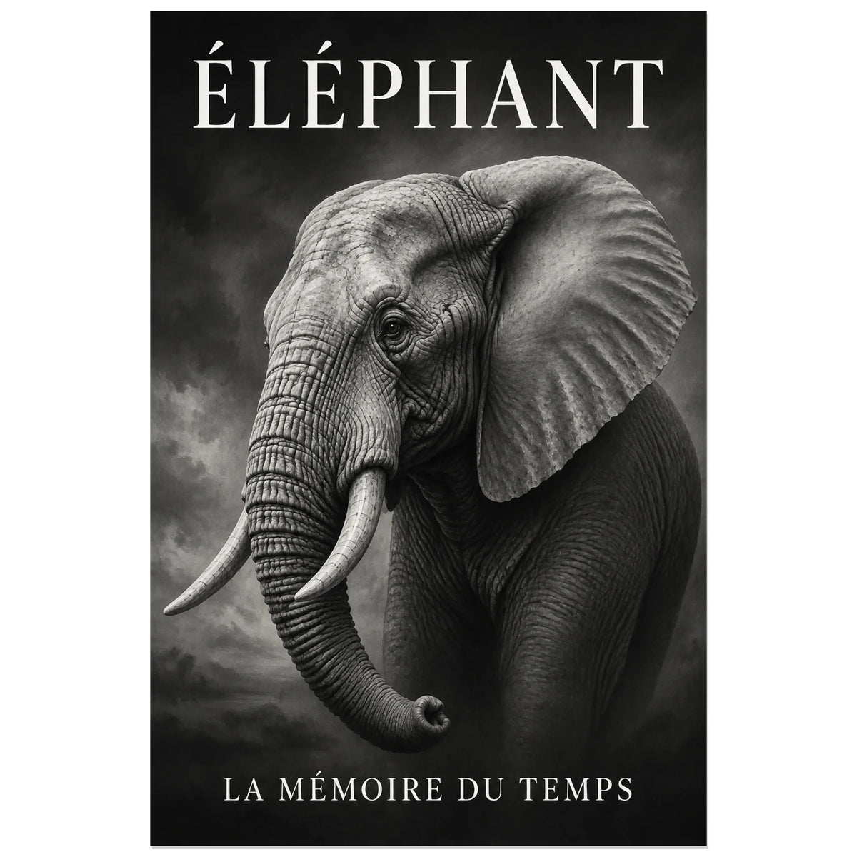 Affiche Éléphant noir et blanc, la mémoire du temps, peinture naturaliste en grisaille à typographie intégrée verticale, format 60 × 90 cm