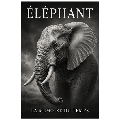 Affiche Éléphant noir et blanc, la mémoire du temps, peinture naturaliste en grisaille à typographie intégrée verticale, format 60 × 90 cm