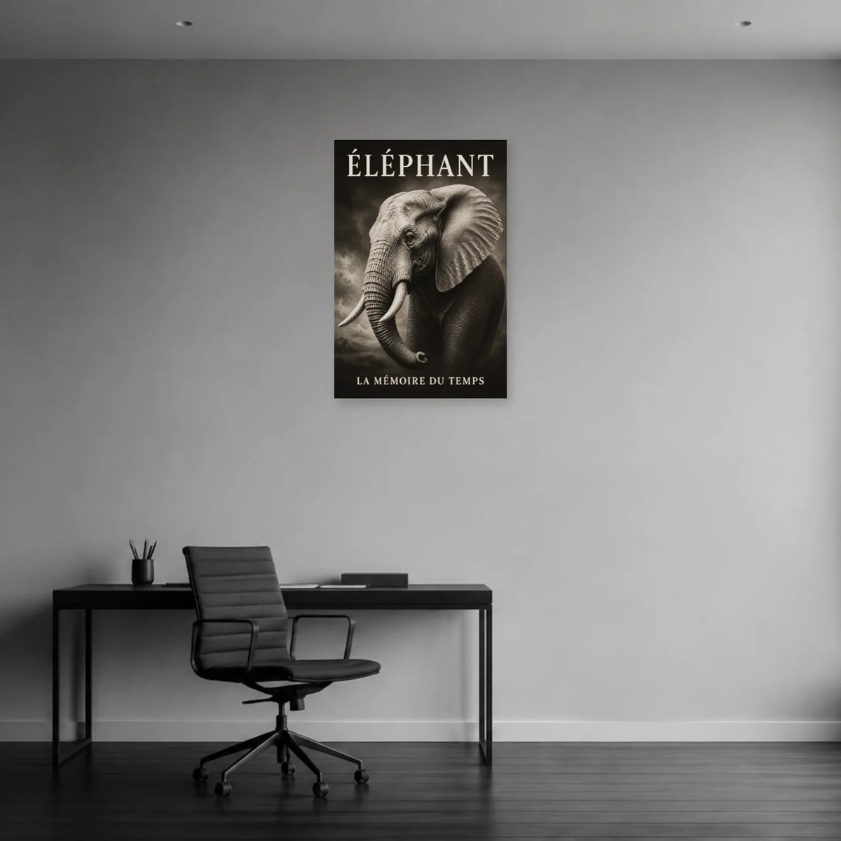 Affiche Éléphant noir et blanc, la mémoire du temps dans un bureau - Art Virtuoso