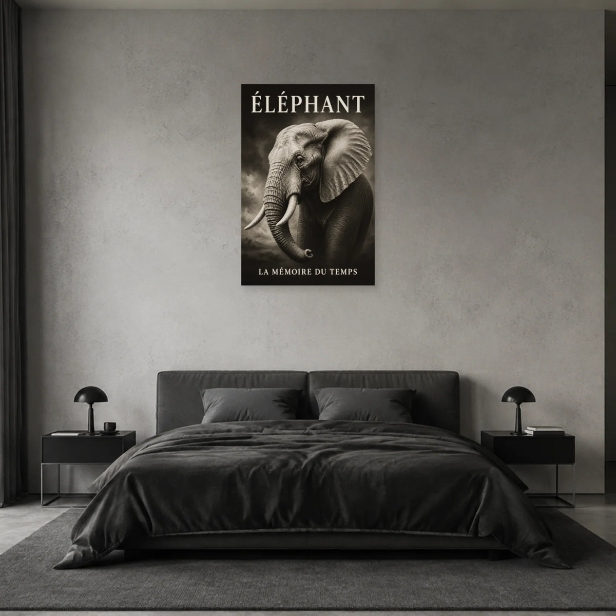 Affiche Éléphant noir et blanc, la mémoire du temps dans une chambre - Art Virtuoso