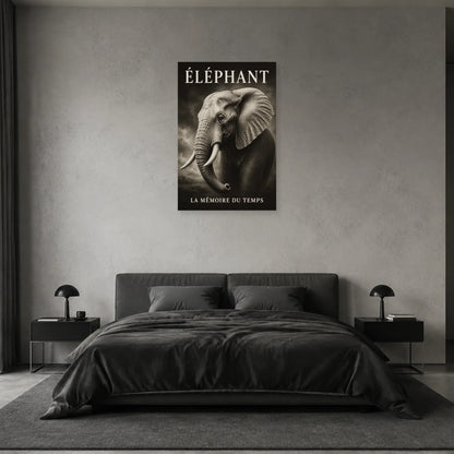 Affiche Éléphant noir et blanc, la mémoire du temps dans une chambre - Art Virtuoso