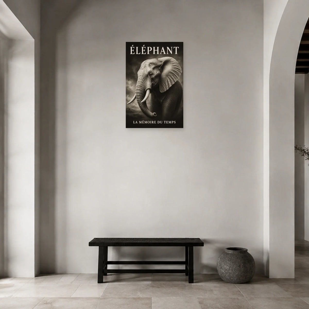 Affiche Éléphant noir et blanc, la mémoire du temps dans une entrée ou un couloir - Art Virtuoso