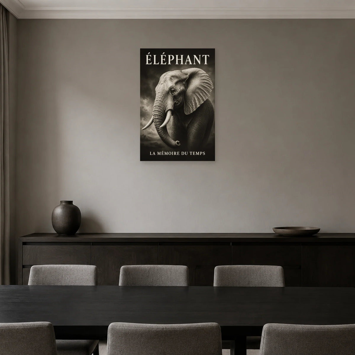 Affiche Éléphant noir et blanc, la mémoire du temps dans une salle à manger - Art Virtuoso