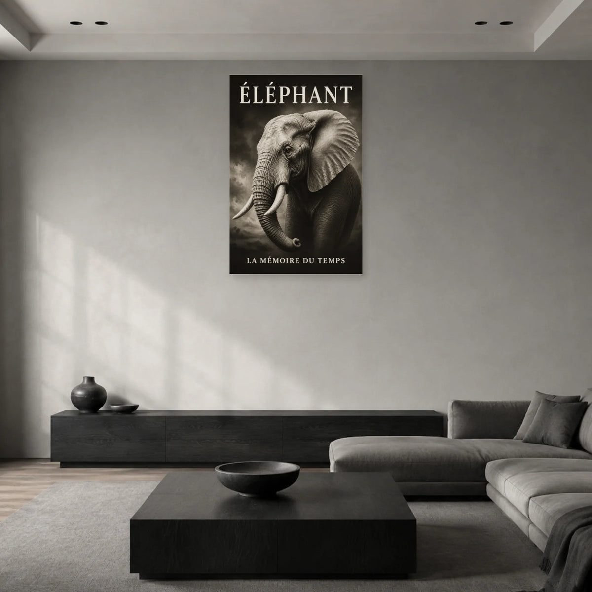 Affiche Éléphant noir et blanc, la mémoire du temps dans un salon - Art Virtuoso