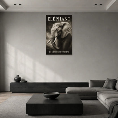 Affiche Éléphant noir et blanc, la mémoire du temps dans un salon - Art Virtuoso