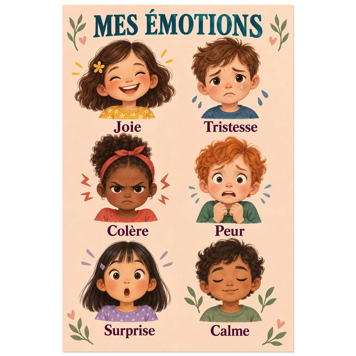 Six visages et mots des émotions en français, affiche 30 × 45 cm