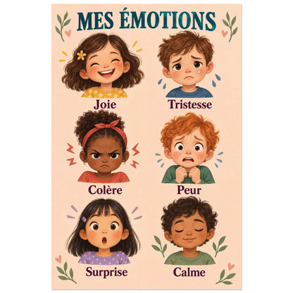 Grille de six expressions enfantines sur fond pêche, affiche 60 × 90 cm