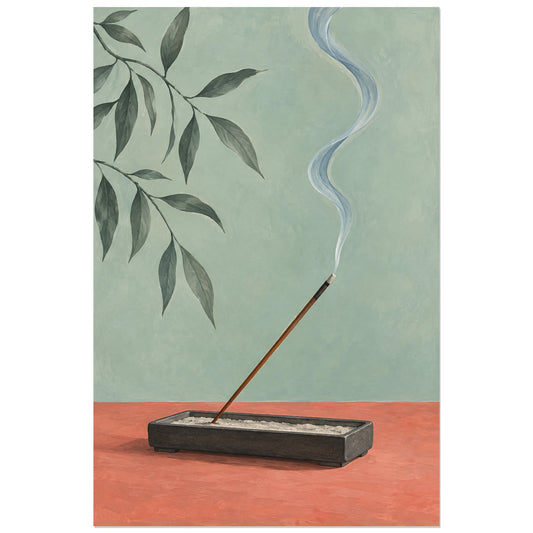 Encens incliné avec fumée claire et branche feuillue, visuel 30 × 45 cm