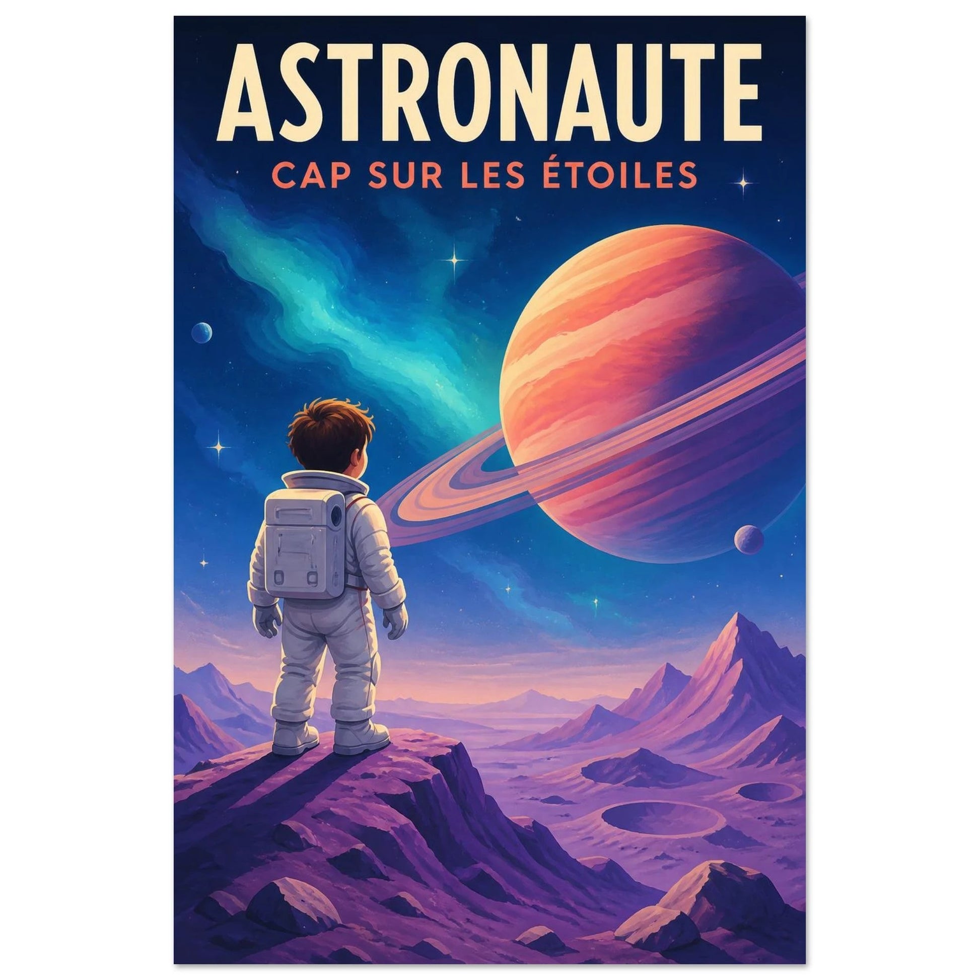 Affiche Astronaute – Cap sur les Étoiles, gouache contemporaine verticale, format 30 × 45 cm