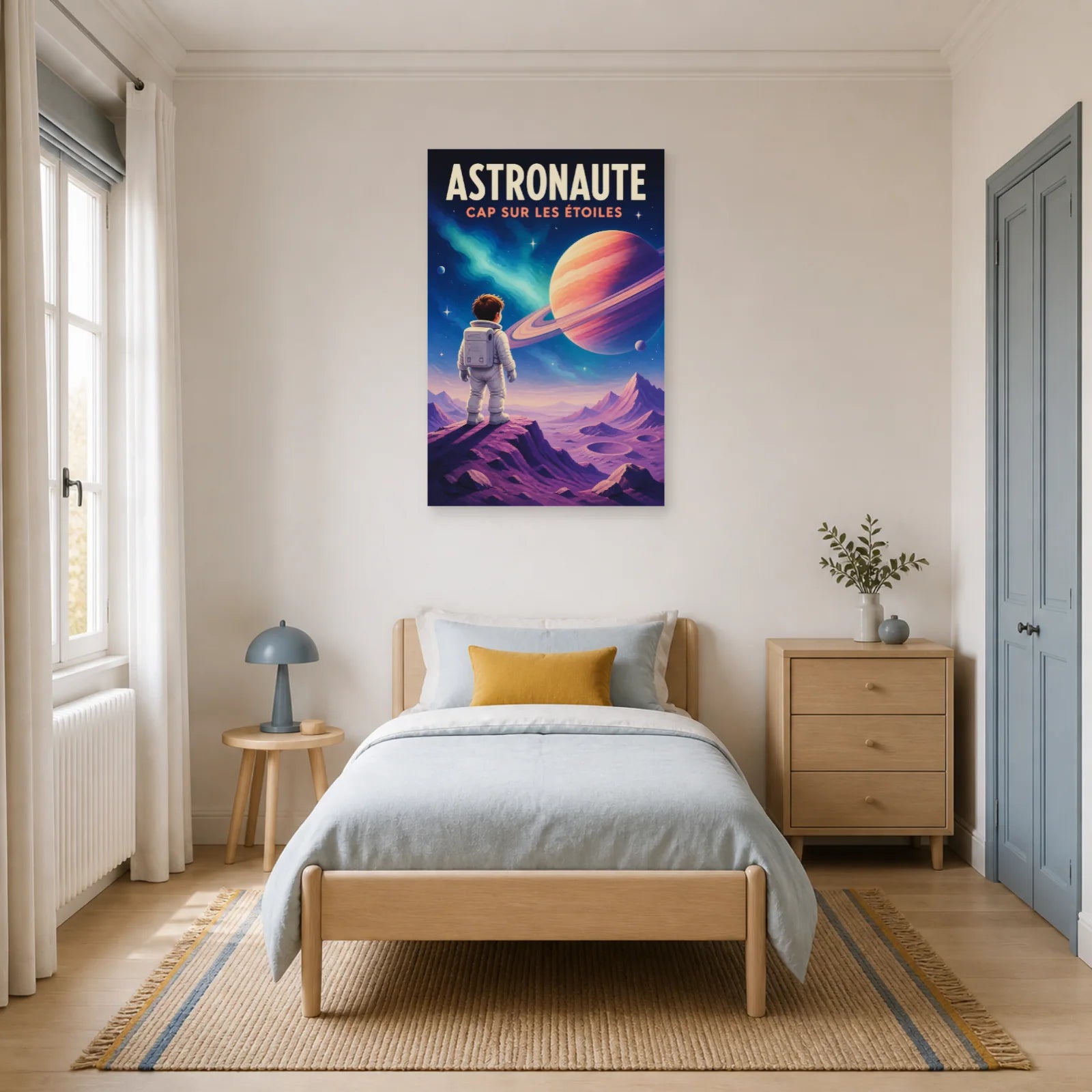 Affiche Astronaute – Cap sur les Étoiles dans une chambre - Art Virtuoso