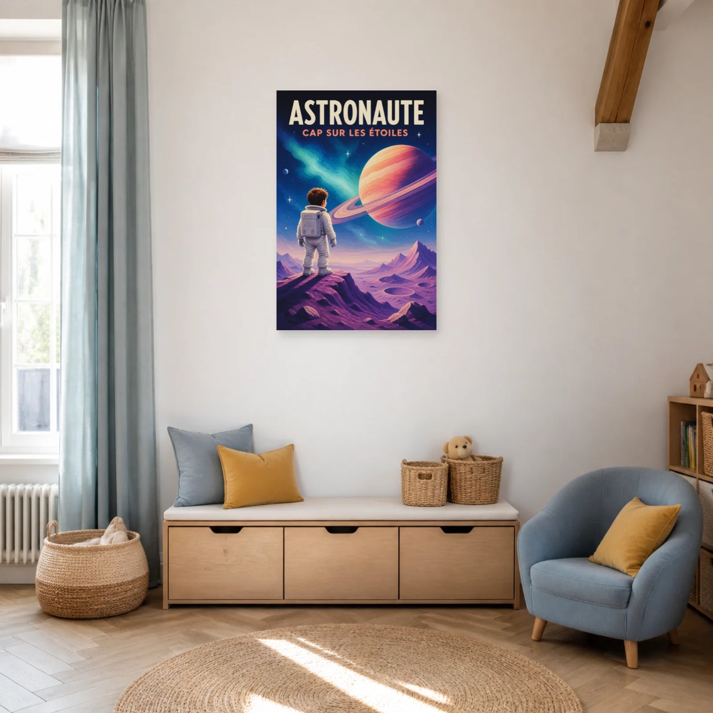 Affiche Astronaute – Cap sur les Étoiles dans un salon - Art Virtuoso