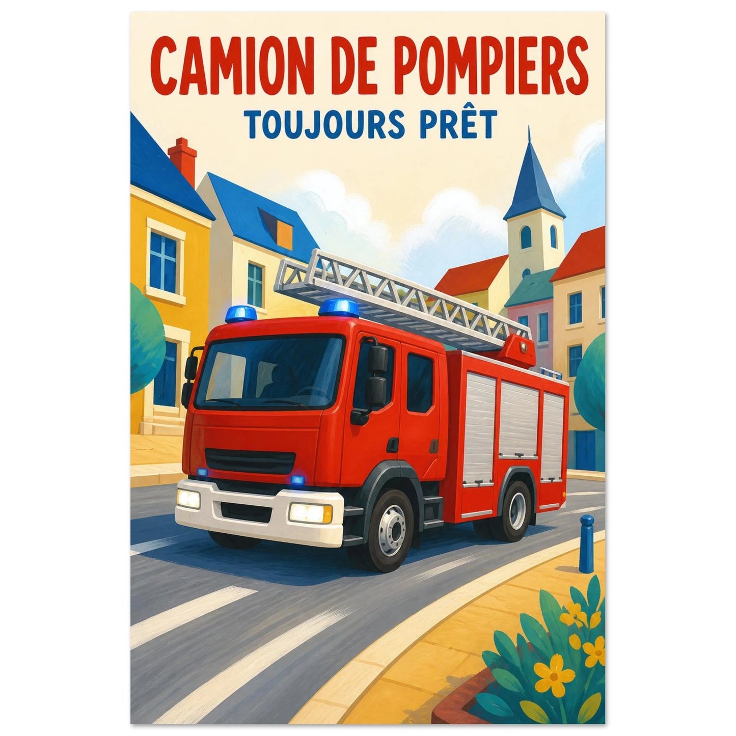 Affiche Camion de Pompiers – Toujours Prêt, gouache contemporaine verticale, format 30 × 45 cm