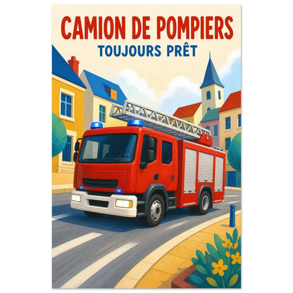 Affiche Camion de Pompiers – Toujours Prêt, gouache contemporaine verticale, format 60 × 90 cm