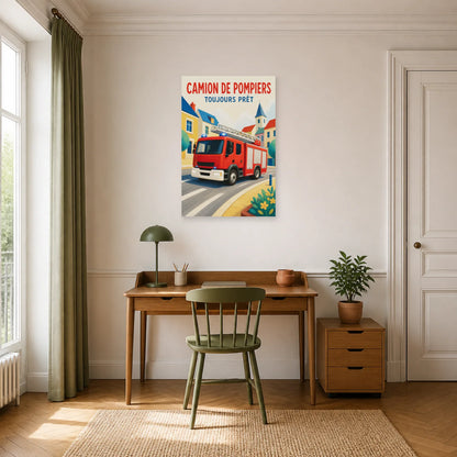 Affiche Camion de Pompiers – Toujours Prêt dans un bureau - Art Virtuoso