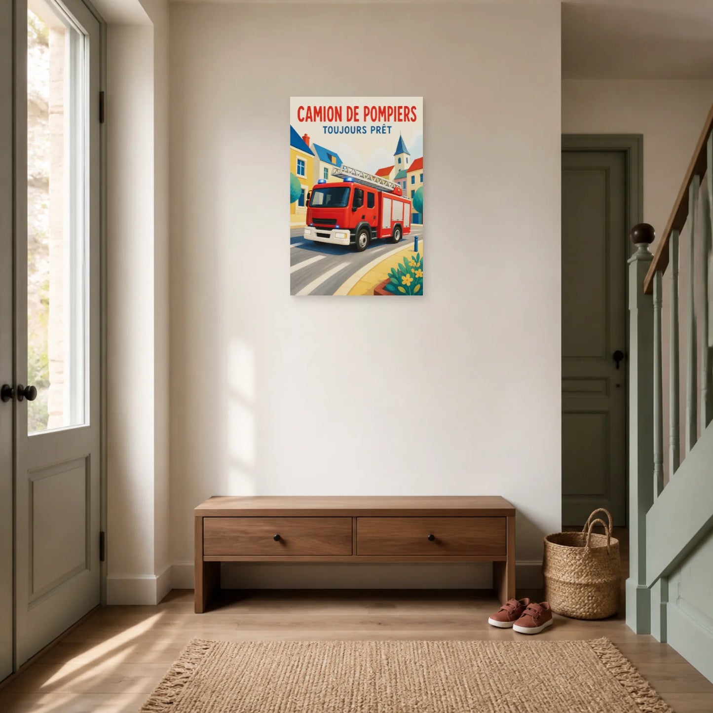 Affiche Camion de Pompiers – Toujours Prêt dans une entrée ou un couloir - Art Virtuoso