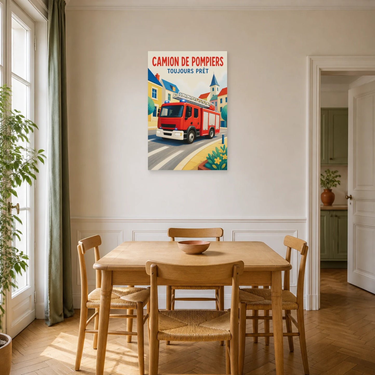 Affiche Camion de Pompiers – Toujours Prêt dans une salle à manger - Art Virtuoso