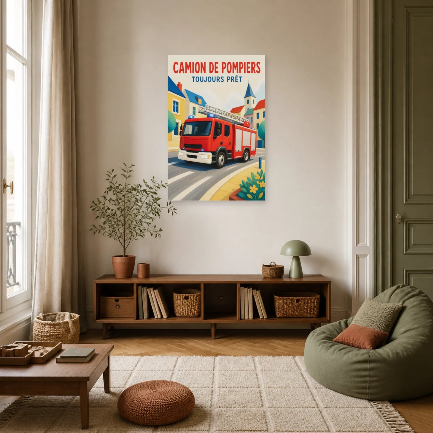 Affiche Camion de Pompiers – Toujours Prêt dans un salon - Art Virtuoso