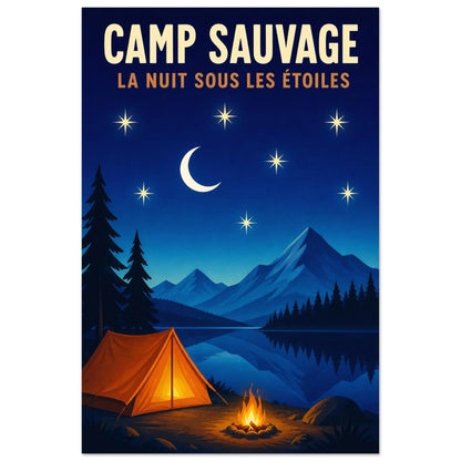 Affiche Camp Sauvage – La Nuit sous les Étoiles, gouache contemporaine verticale, format 30 × 45 cm