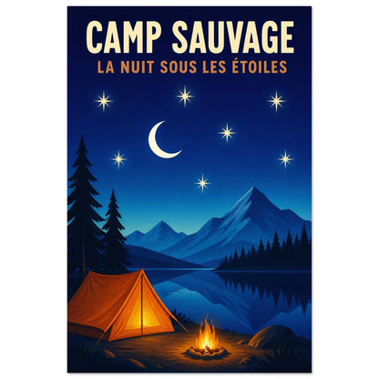 Affiche Camp Sauvage – La Nuit sous les Étoiles, gouache contemporaine verticale, format 40 × 60 cm