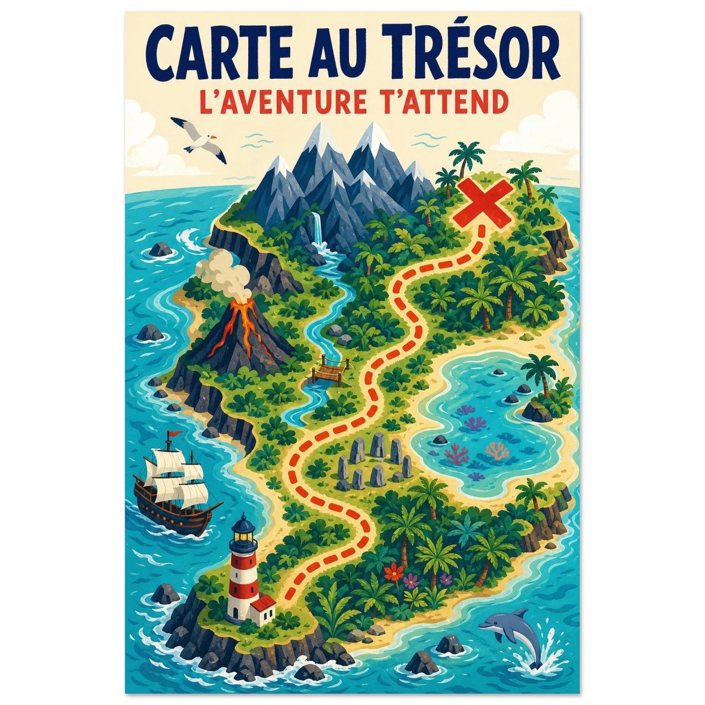 Affiche Carte au Trésor – L'Aventure T'Attend, gouache contemporaine verticale, format 30 × 45 cm