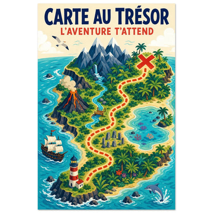Affiche Carte au Trésor – L'Aventure T'Attend, gouache contemporaine verticale, format 40 × 60 cm