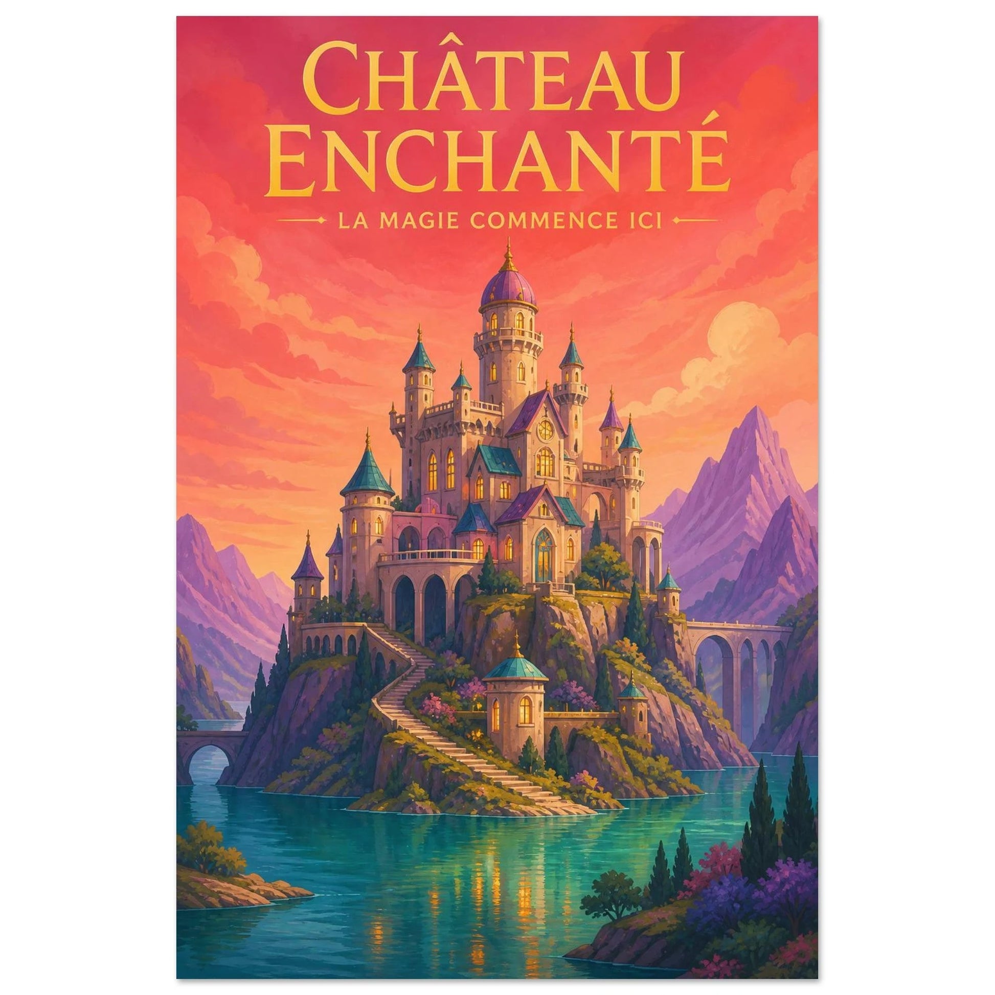 Affiche Château Enchanté – La Magie Commence Ici, gouache contemporaine verticale, format 30 × 45 cm