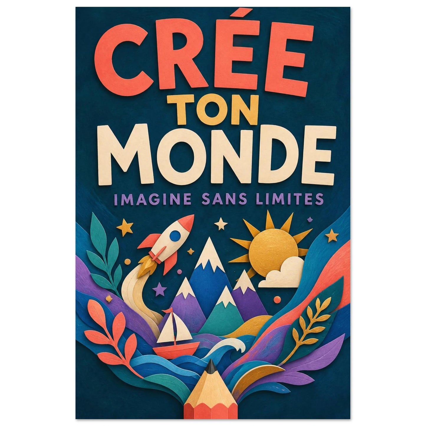 Affiche Crée Ton Monde – Imagine Sans Limites, gouache contemporaine verticale, format 30 × 45 cm