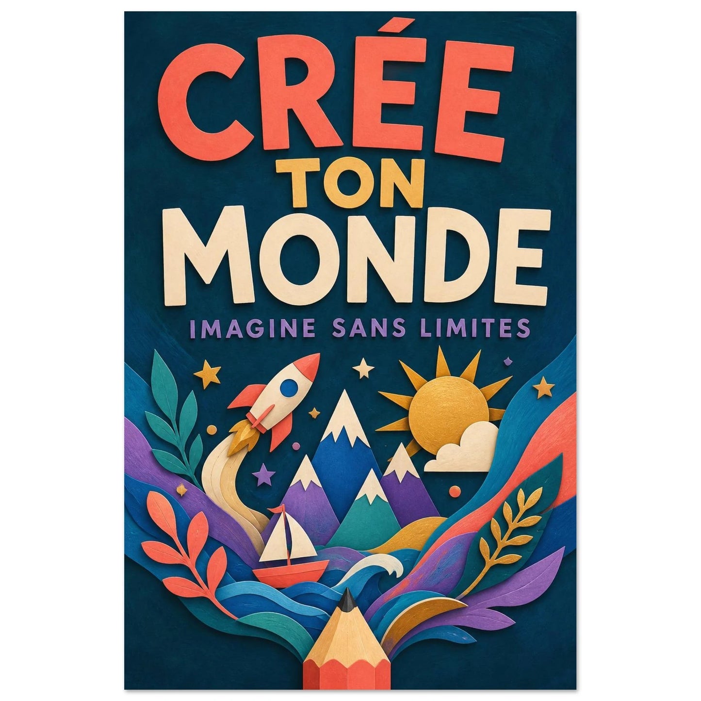 Affiche Crée Ton Monde – Imagine Sans Limites, gouache contemporaine verticale, format 60 × 90 cm