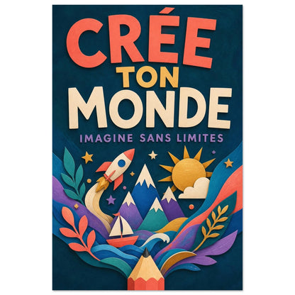 Affiche Crée Ton Monde – Imagine Sans Limites, gouache contemporaine verticale, format 60 × 90 cm
