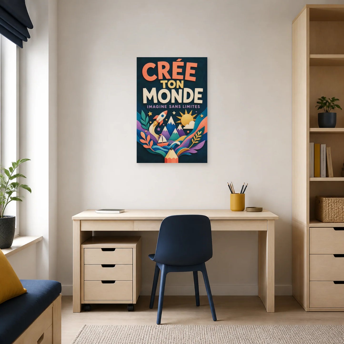 Affiche Crée Ton Monde – Imagine Sans Limites dans un bureau - Art Virtuoso