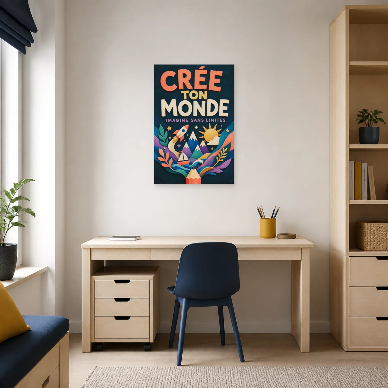 Affiche Crée Ton Monde – Imagine Sans Limites dans un bureau - Art Virtuoso