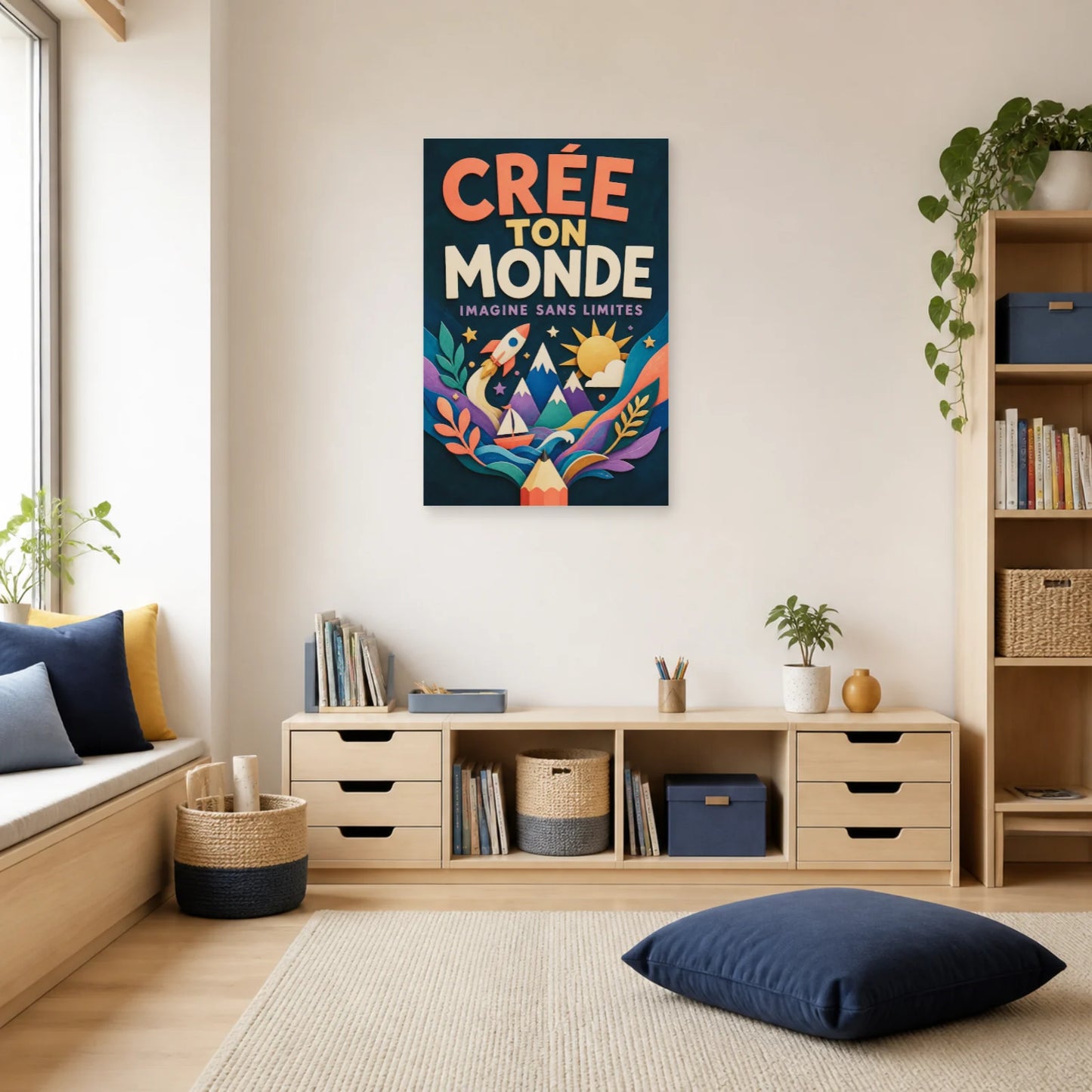 Affiche Crée Ton Monde – Imagine Sans Limites dans un salon - Art Virtuoso