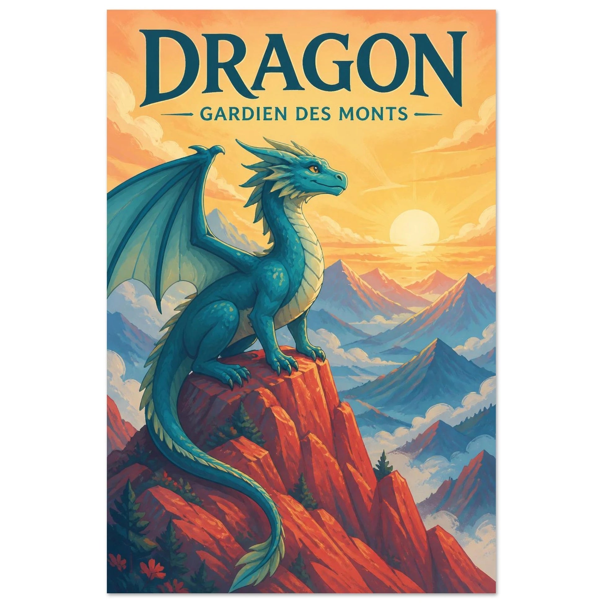 Affiche Dragon – Gardien des Monts, gouache contemporaine verticale, format 30 × 45 cm
