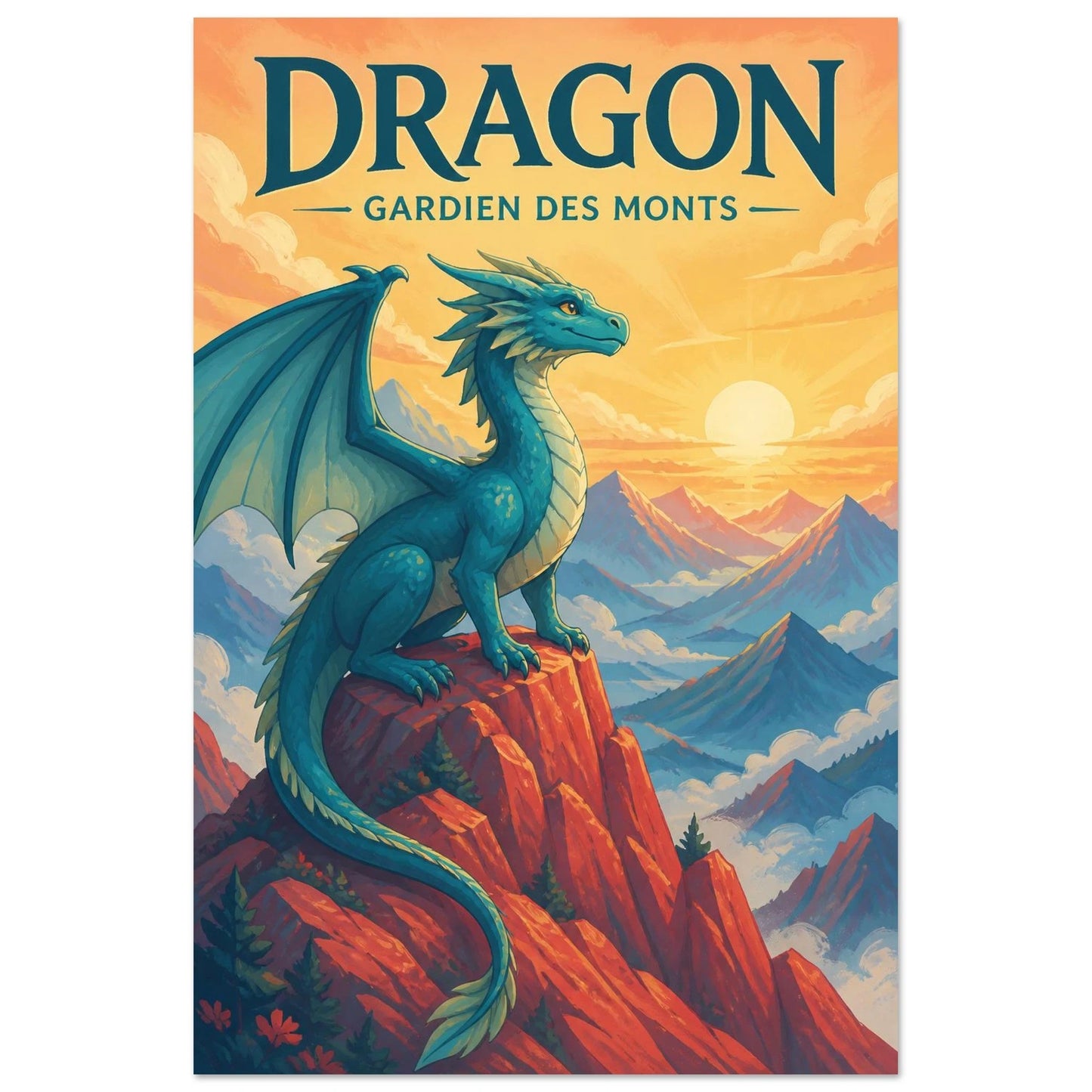 Affiche Dragon – Gardien des Monts, gouache contemporaine verticale, format 40 × 60 cm
