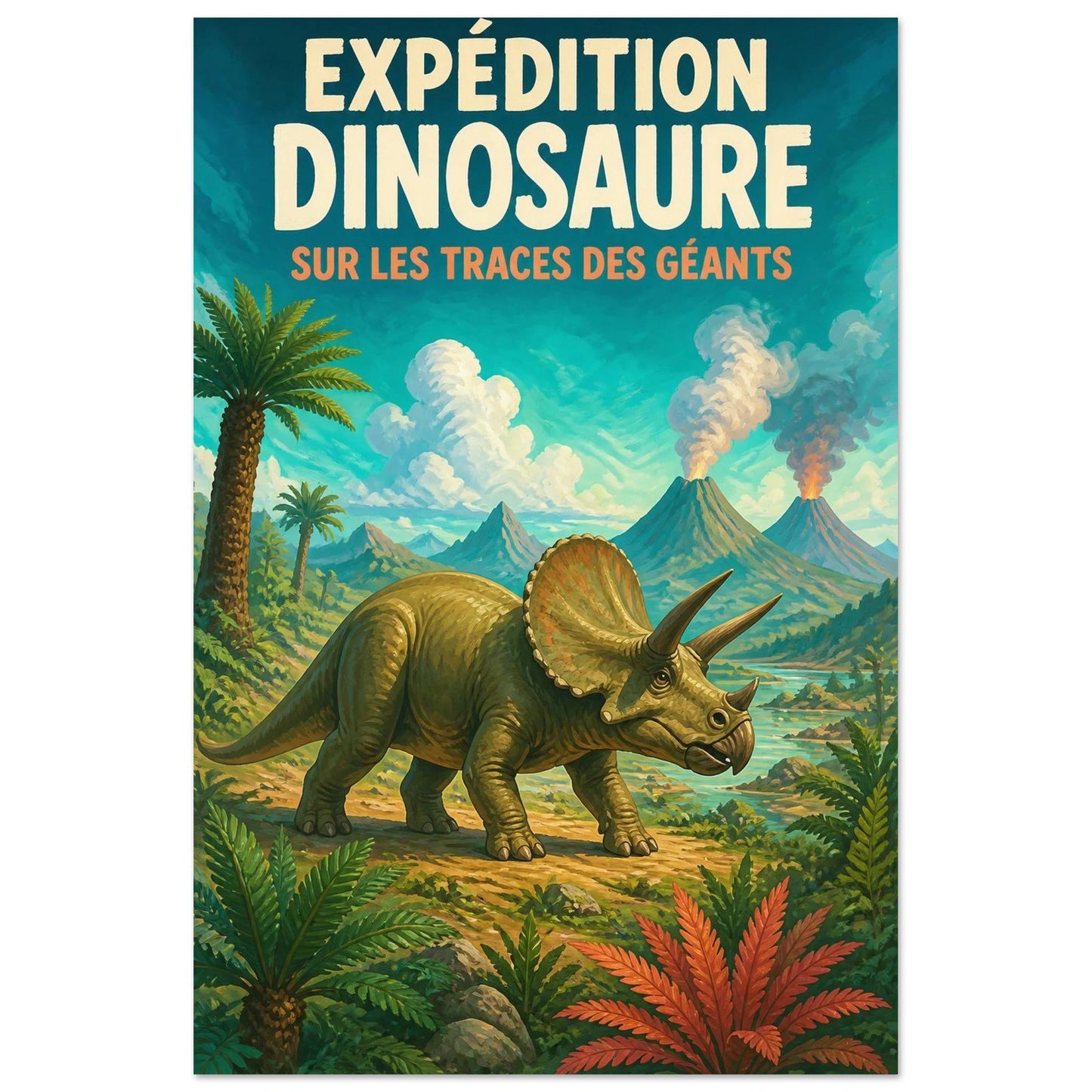Affiche Expédition Dinosaure – Sur les Traces des Géants, gouache contemporaine verticale, format 30 × 45 cm
