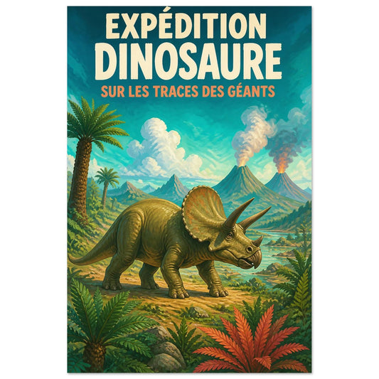 Affiche Expédition Dinosaure – Sur les Traces des Géants, gouache contemporaine verticale, format 30 × 45 cm