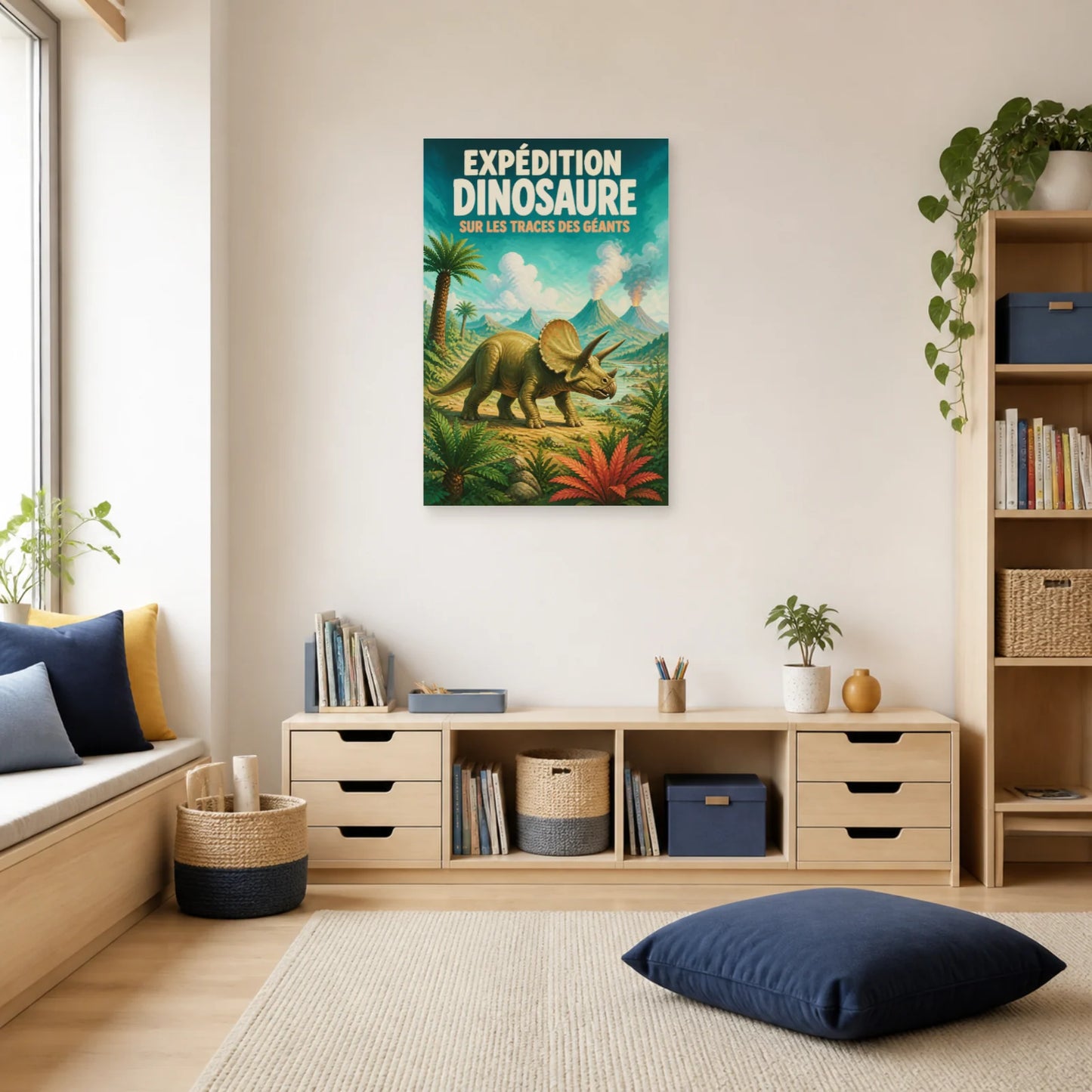 Affiche Expédition Dinosaure – Sur les Traces des Géants dans un salon - Art Virtuoso