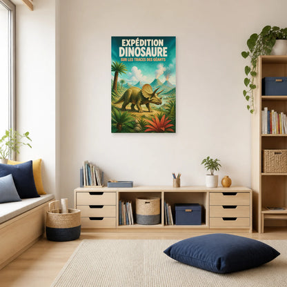 Affiche Expédition Dinosaure – Sur les Traces des Géants dans un salon - Art Virtuoso