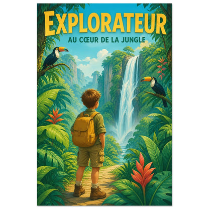 Affiche Explorateur – Au Cœur de la Jungle, gouache contemporaine verticale, format 30 × 45 cm