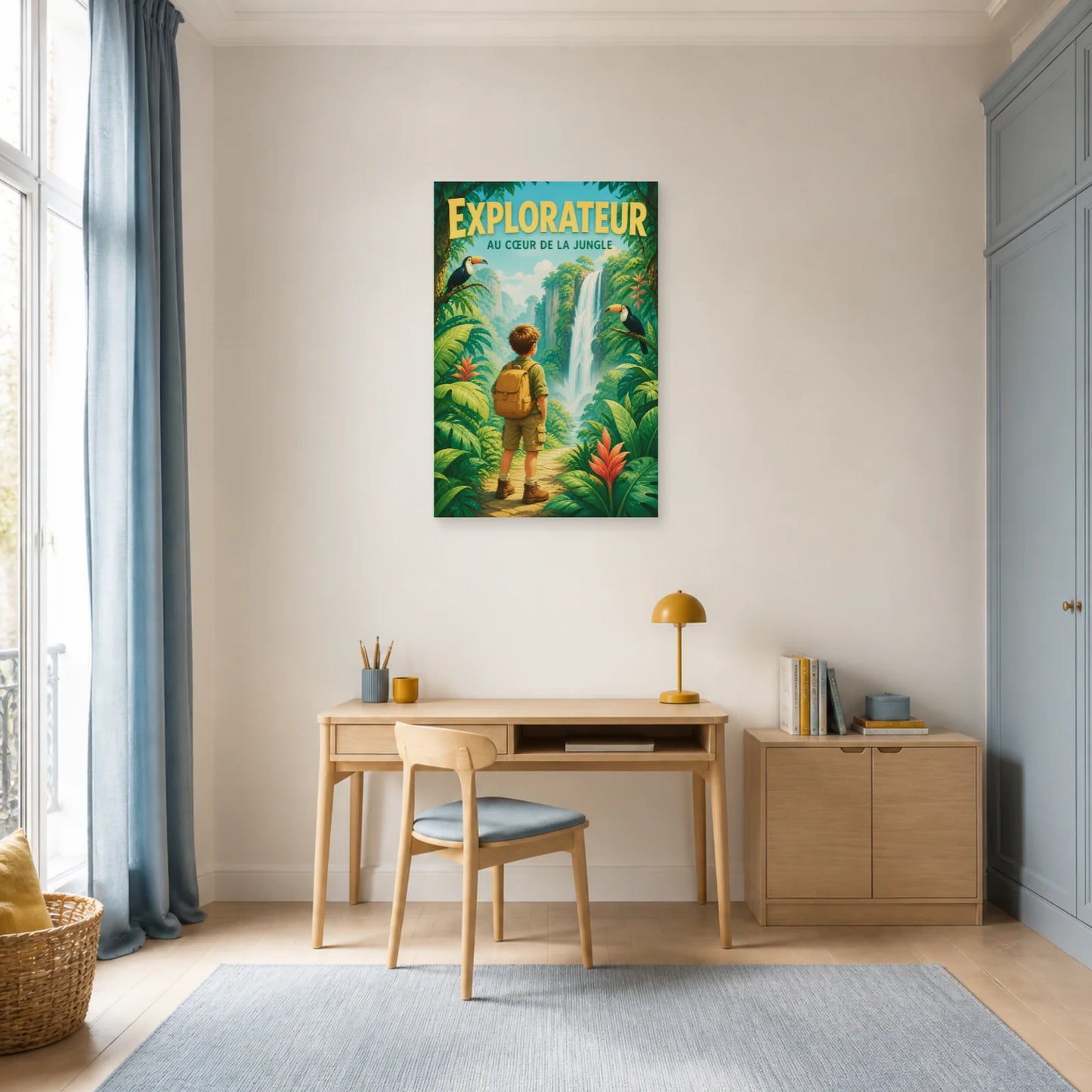 Affiche Explorateur – Au Cœur de la Jungle dans un bureau - Art Virtuoso