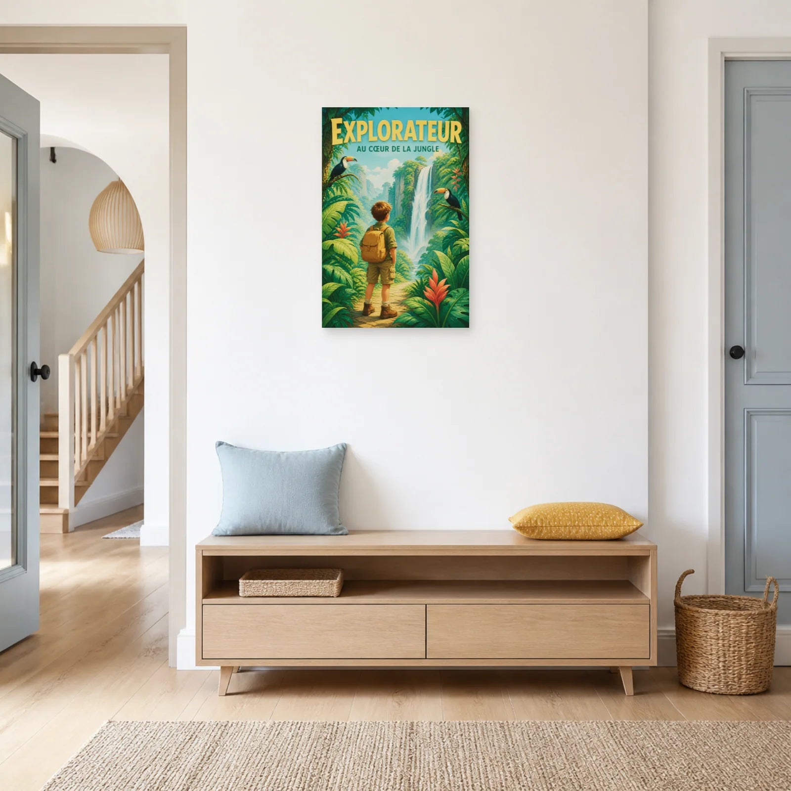 Affiche Explorateur – Au Cœur de la Jungle dans une entrée ou un couloir - Art Virtuoso