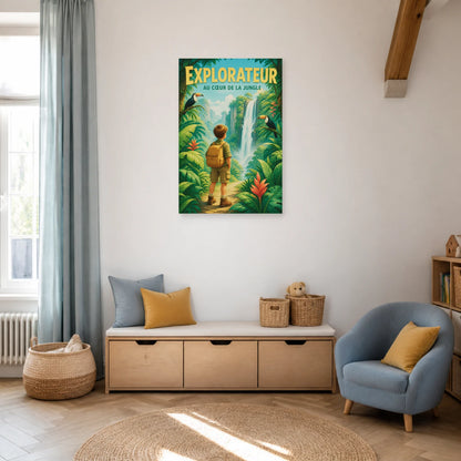 Affiche Explorateur – Au Cœur de la Jungle dans un salon - Art Virtuoso