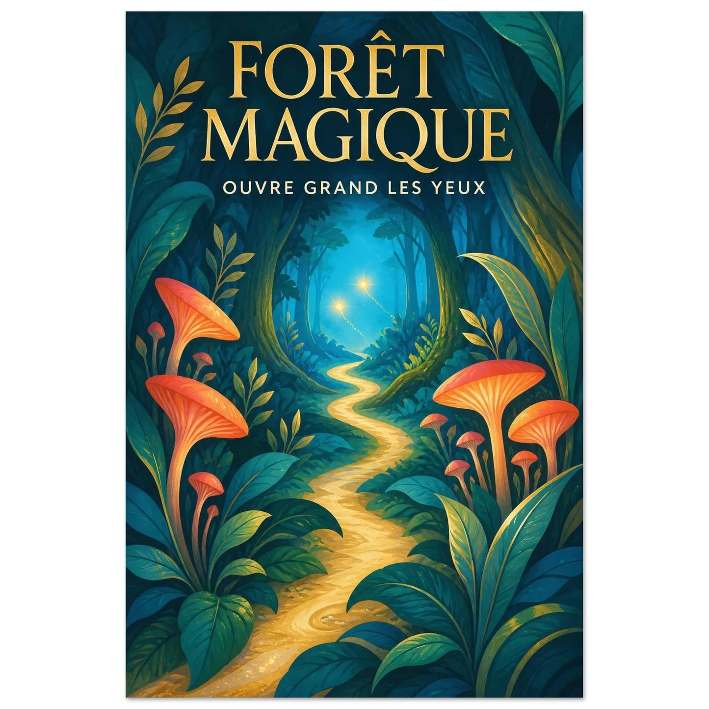 Affiche Forêt Magique – Ouvre Grand les Yeux, gouache contemporaine verticale, format 60 × 90 cm