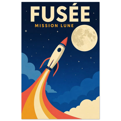 Affiche Fusée – Mission Lune, illustration graphique verticale, format 30 × 45 cm