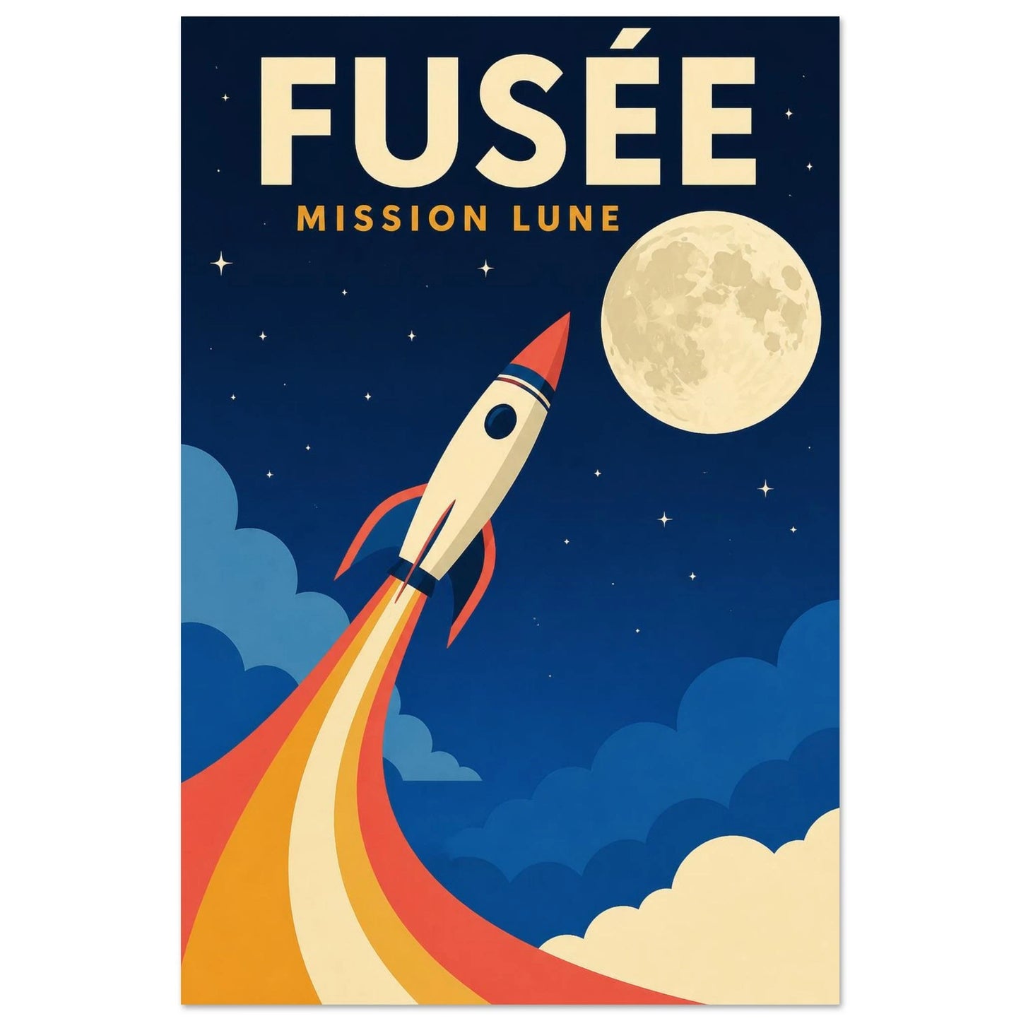 Affiche Fusée – Mission Lune, illustration graphique verticale, format 40 × 60 cm