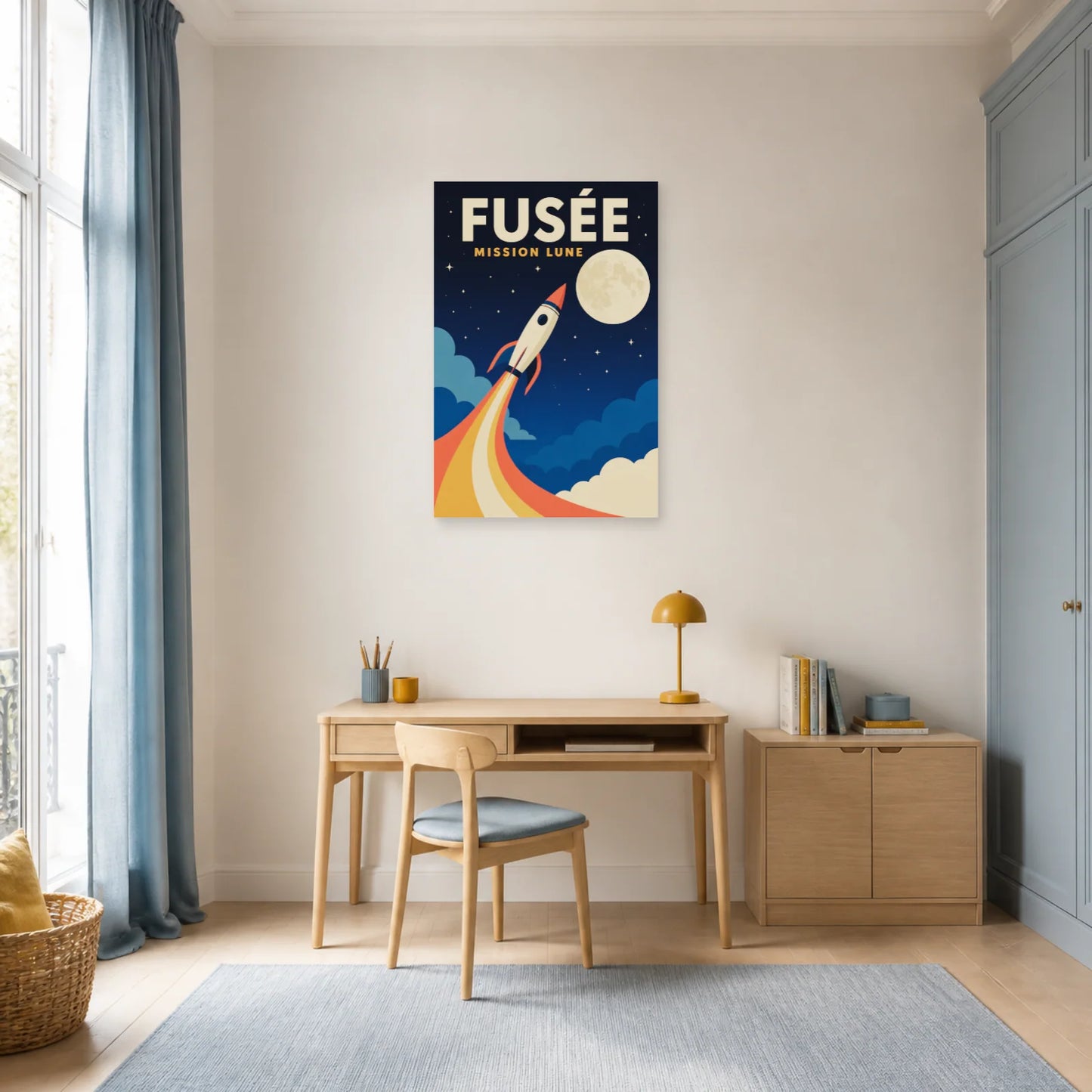 Affiche Fusée – Mission Lune dans un bureau - Art Virtuoso