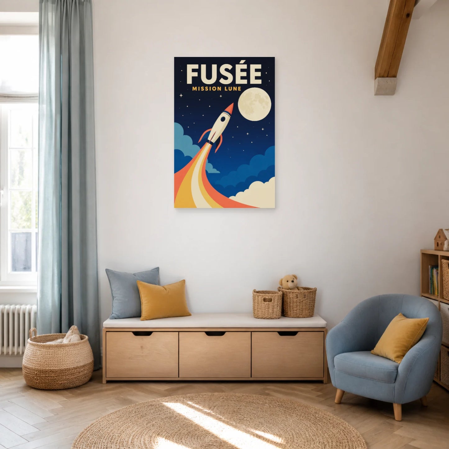 Affiche Fusée – Mission Lune dans un salon - Art Virtuoso