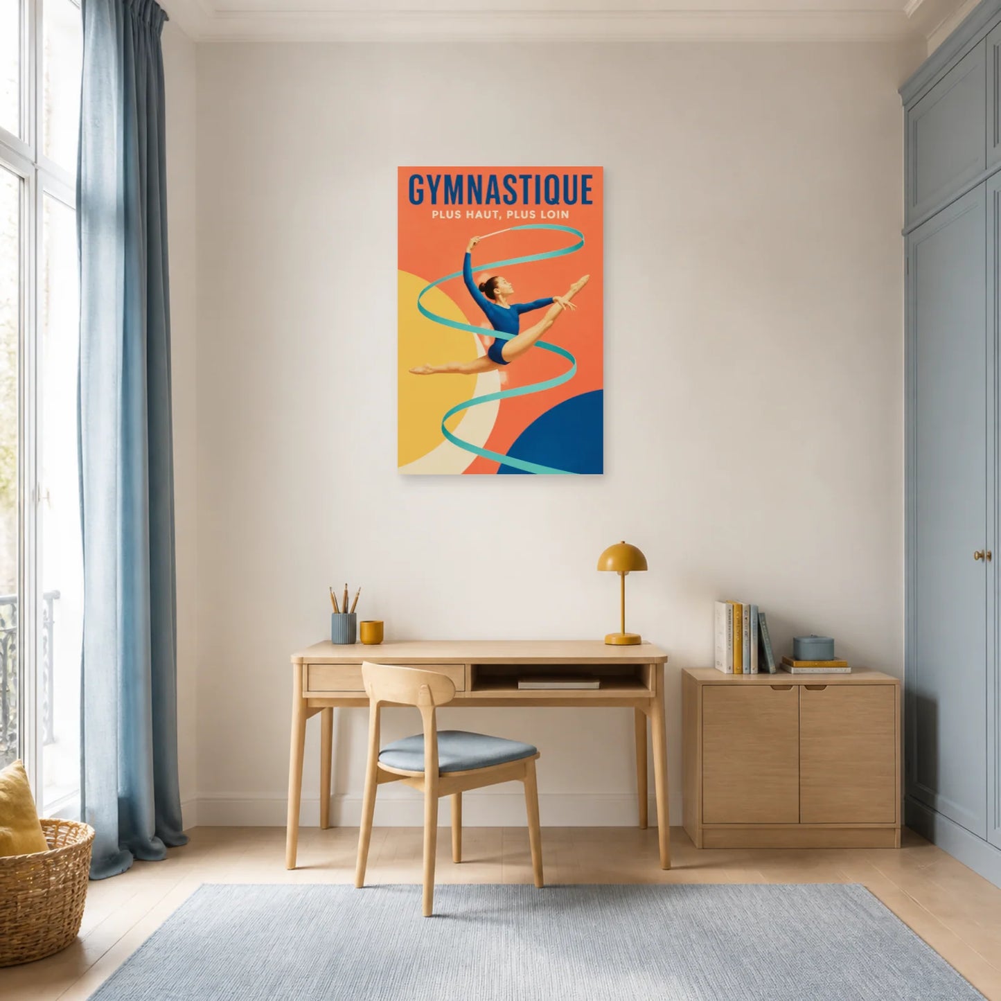 Affiche Gymnastique – Plus Haut, Plus Loin dans un bureau - Art Virtuoso