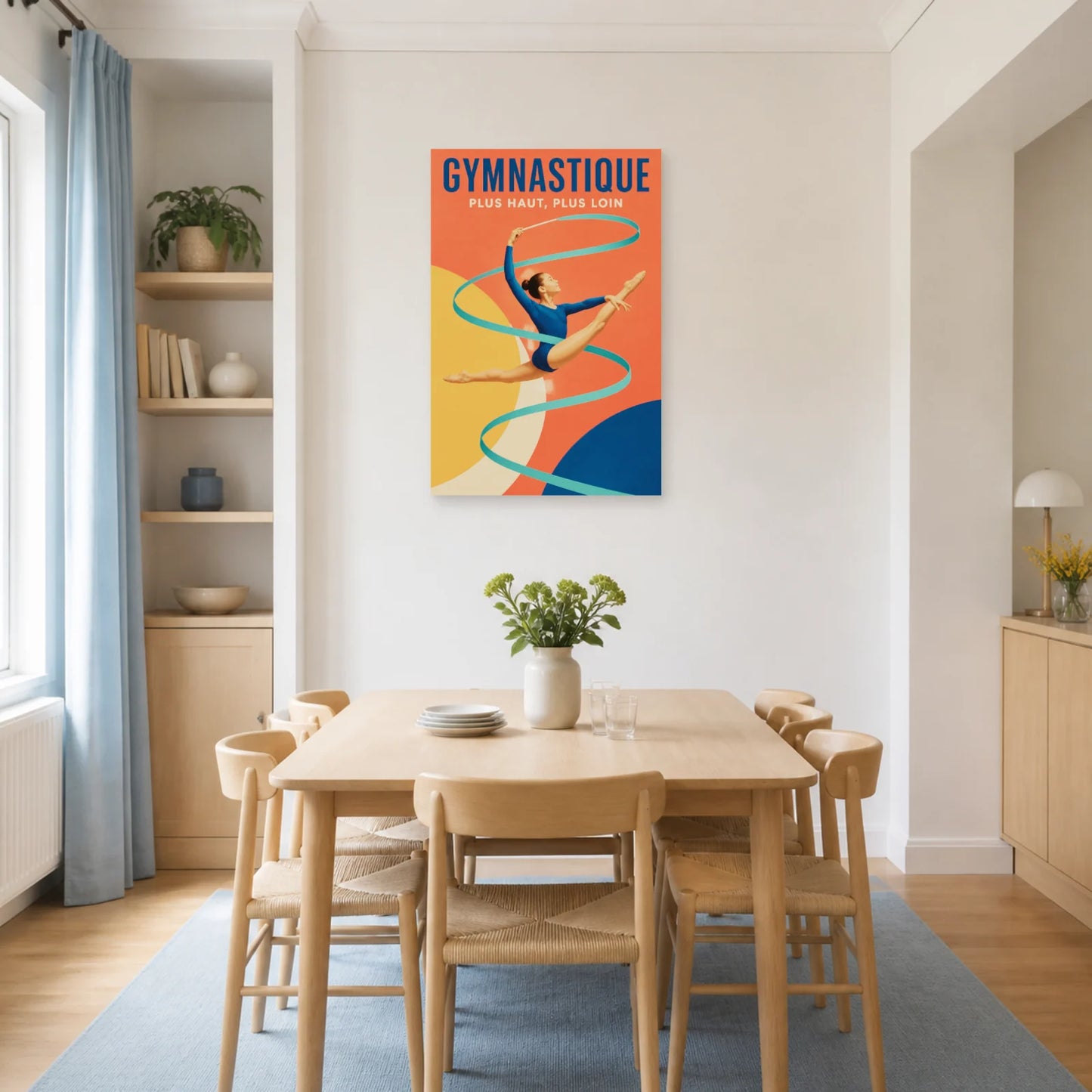 Affiche Gymnastique – Plus Haut, Plus Loin dans une salle à manger - Art Virtuoso